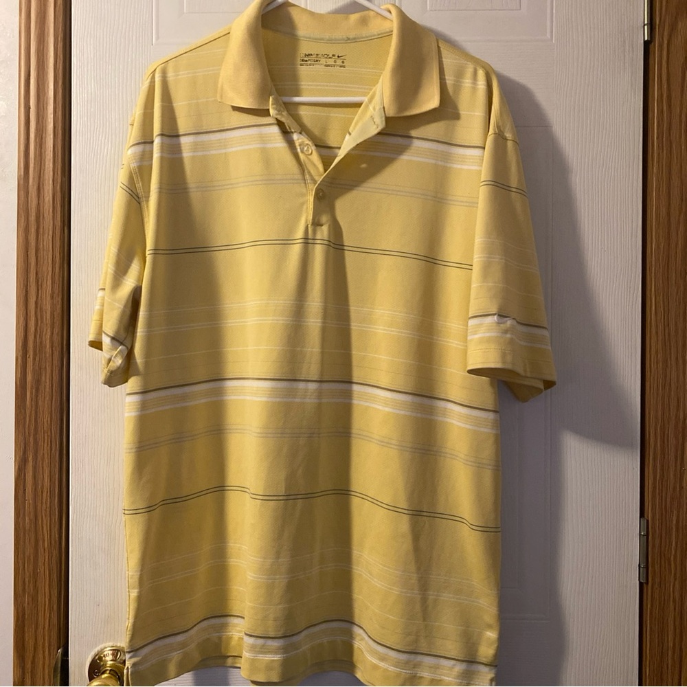 Nike Mens Polo Shirt Large Yellow Striped Dri Fit Short Sleeve Casual Pullover